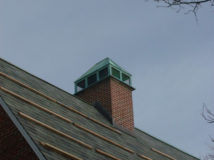 Custom copper chimney cap flue cover shroud, with patina.